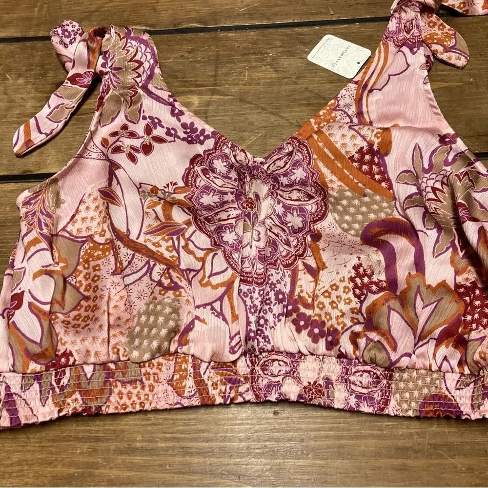 Free People Weekend In Montauk Tank Top Large Smocked Crop Tie Strap NWT Pink